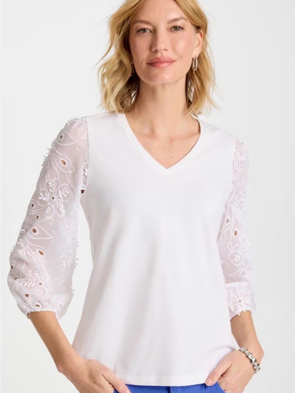 Chico's White V-Neck Top with Embroidered Sheer Sleeves Size 1 or Medium